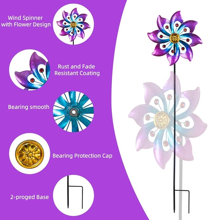 VEWOGARDEN Garden Metal Flower Wind Spinners Outdoor, Kinetic Wind Sculptures & Spinners for Yard Lawn Patio Decorations, Blue-Purple