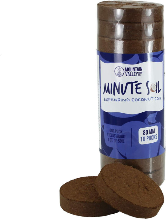 Minute Soil - Compressed Coco Coir Fiber Grow Medium - 80 MM Pucks - 10 Pack = 2.5 Gallons of Potting Soil - Indoor Container Growing: Wheatgrass, Microgreens, Flowers - Just Add Water - OMRI Organic