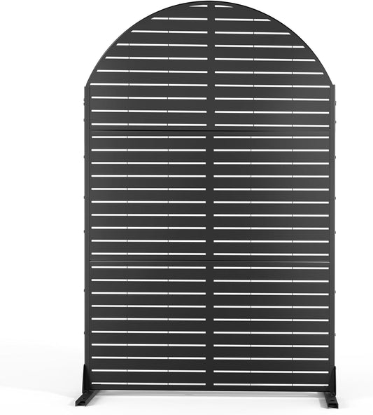 FENCY Metal Privacy Screen with Stand 72" H×47" W Outdoor Freestanding Privacy Panels, Arched Outdoor Privacy Screen for Deck Patio Balcony(Black-Louvered)