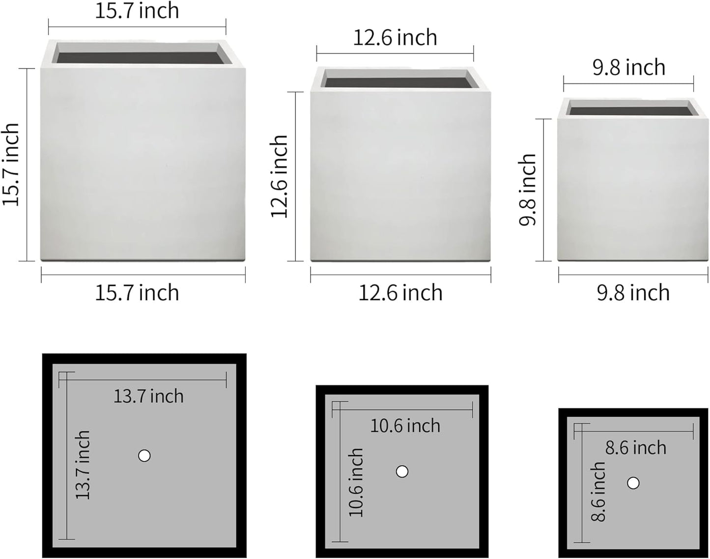Kante 16",12",10" Square Concrete Planters Set of 3 for Outdoor Indoor Home Patio Garden, Large Plant Pot with Drainage Hole and Rubber Plug, Pure White