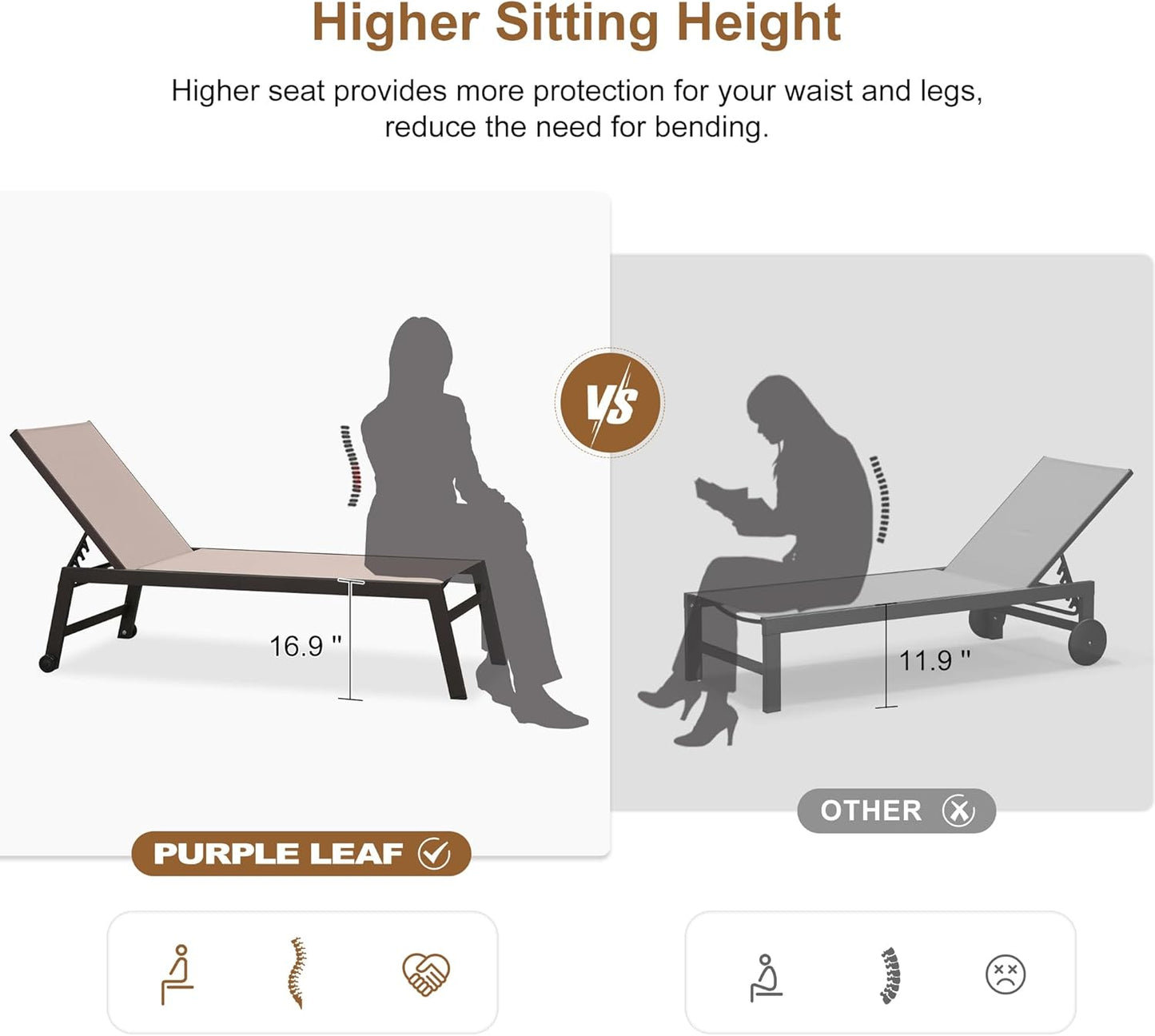 PURPLE LEAF Oversized Patio Lounge Chairs Set of 3, Reclining Pool Lounge Chairs with Side Table and Wheels for All Weather for Outdoor, Deck, Lawn, Aluminum Outside Pool, Sand Beige