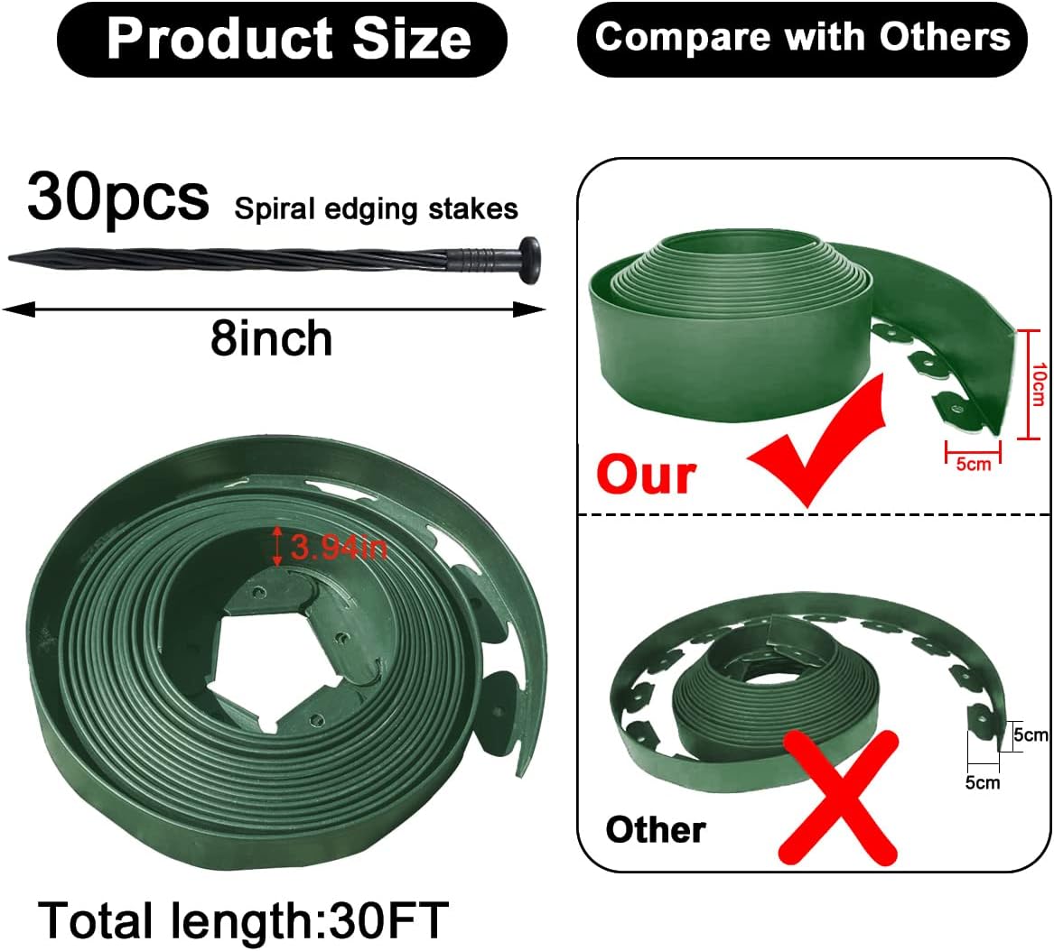 Landscape Edging,33FT Garden Edging Borders [Extra Tall 4IN High] Flexible Lawn Edging Kit with 30pcs Stakes,Mini Plastic Fence for Yard Flowerbeds,Grass-Green