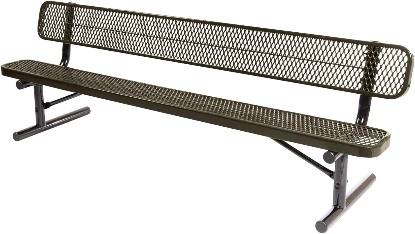 Heavy-Duty Outdoor Bench Thermoplastic Coated, Expanded Metal, Commercial-Grade Seating, Made in America (Portable with Back, 8 Ft, Textured Gold Vein)