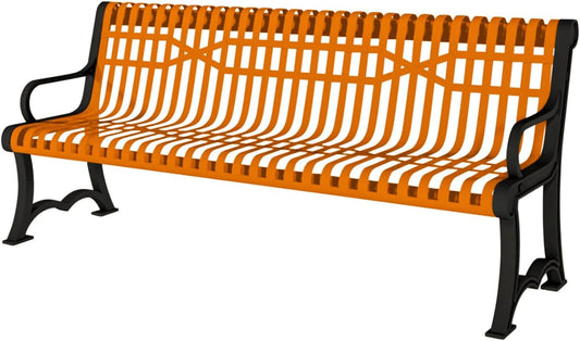 Coated Outdoor Furniture Heavy-Duty Outdoor Bench Thermoplastic Coated, Slatted Steel, Commercial-Grade Garden Bench, Made in America (Portable with Back, 4 Ft, Orange)