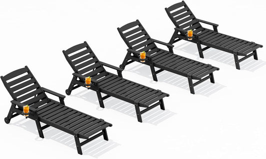SERWALL Patio Chaise Lounge Chair Set of 4, 5 Positions Adjustable Poly Outdoor Lounge Chair for Pool, HDPE Lounge Chair with Rolling Wheels & Cup Holder for Poolside, Deck, Obsidian Black