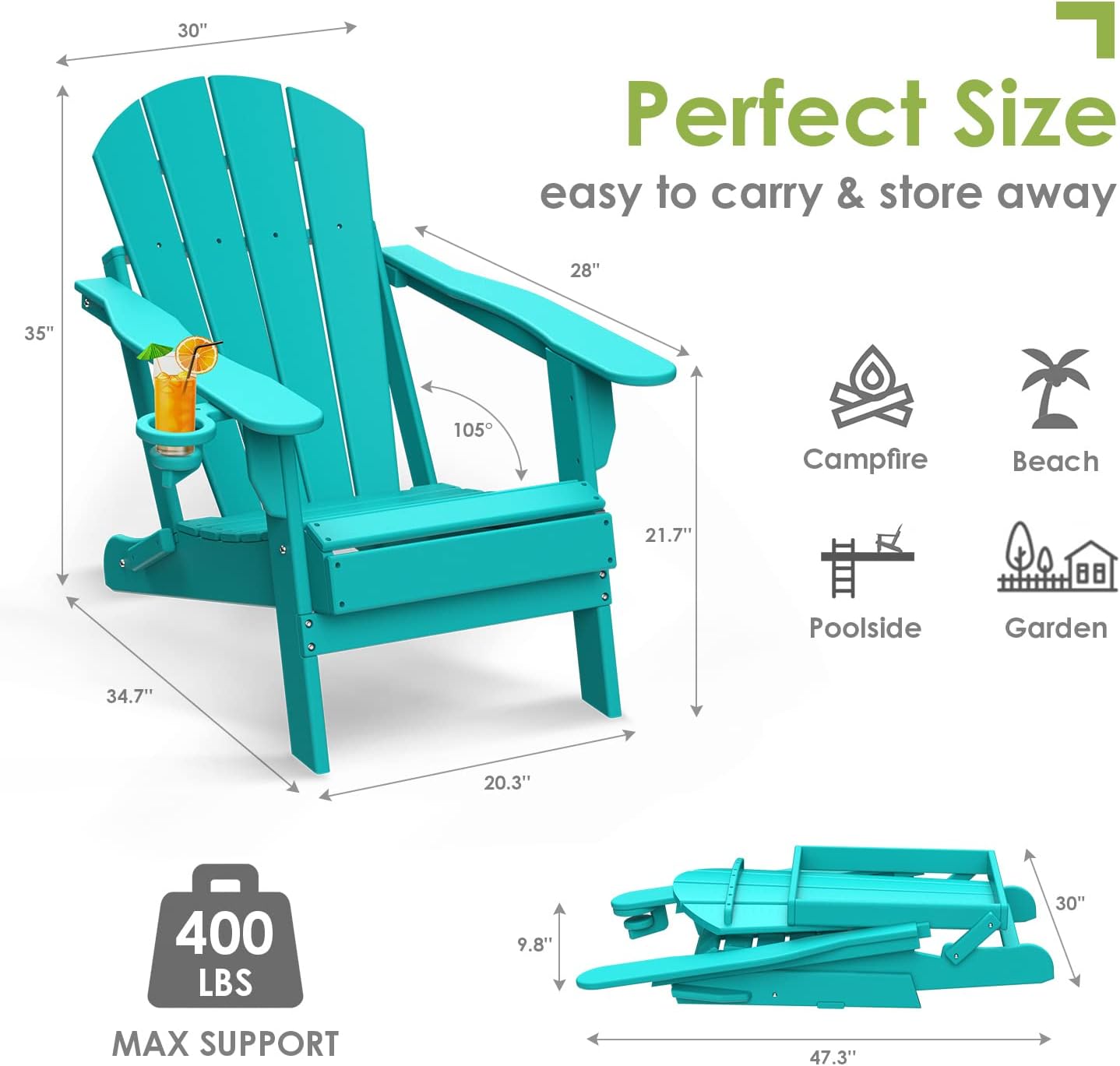 GREENVINES Folding-Adirondack-Chair | HDPE Plastic | Fire Pit Chairs | All Weather | Cup Holder | Aqua | for Deck Backyard Patio Outdoor Garden