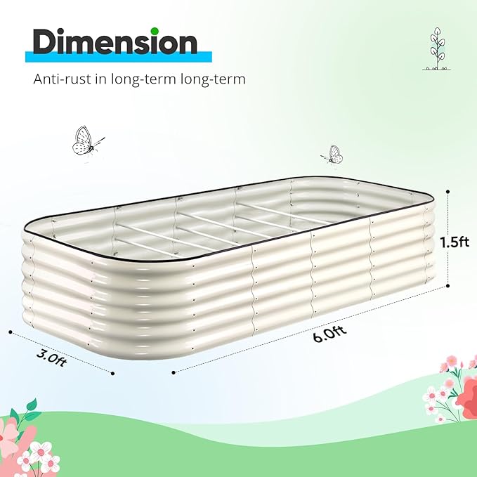 Quictent Galvanized Raised Garden Bed Kit Tall, 6x3x1.5 ft Oval Large Planting Box Rubber Strip Edging, for Vegetables Outdoor Strengthened by Crossbar (Beige)