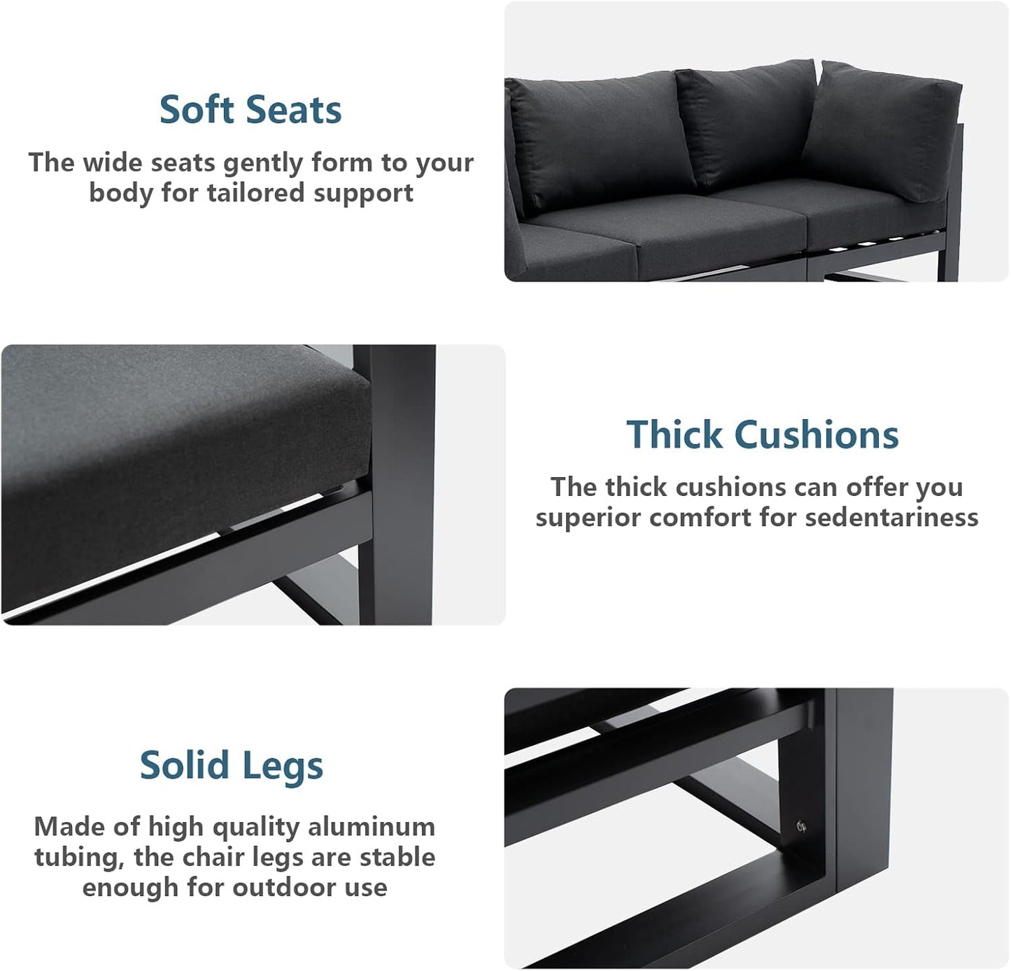 Modern 3 Seater Sofa Outdoor Sectional Sofa Set Patio Conversation Sofa Sets for Garden Backyard, Dark Grey Cushions