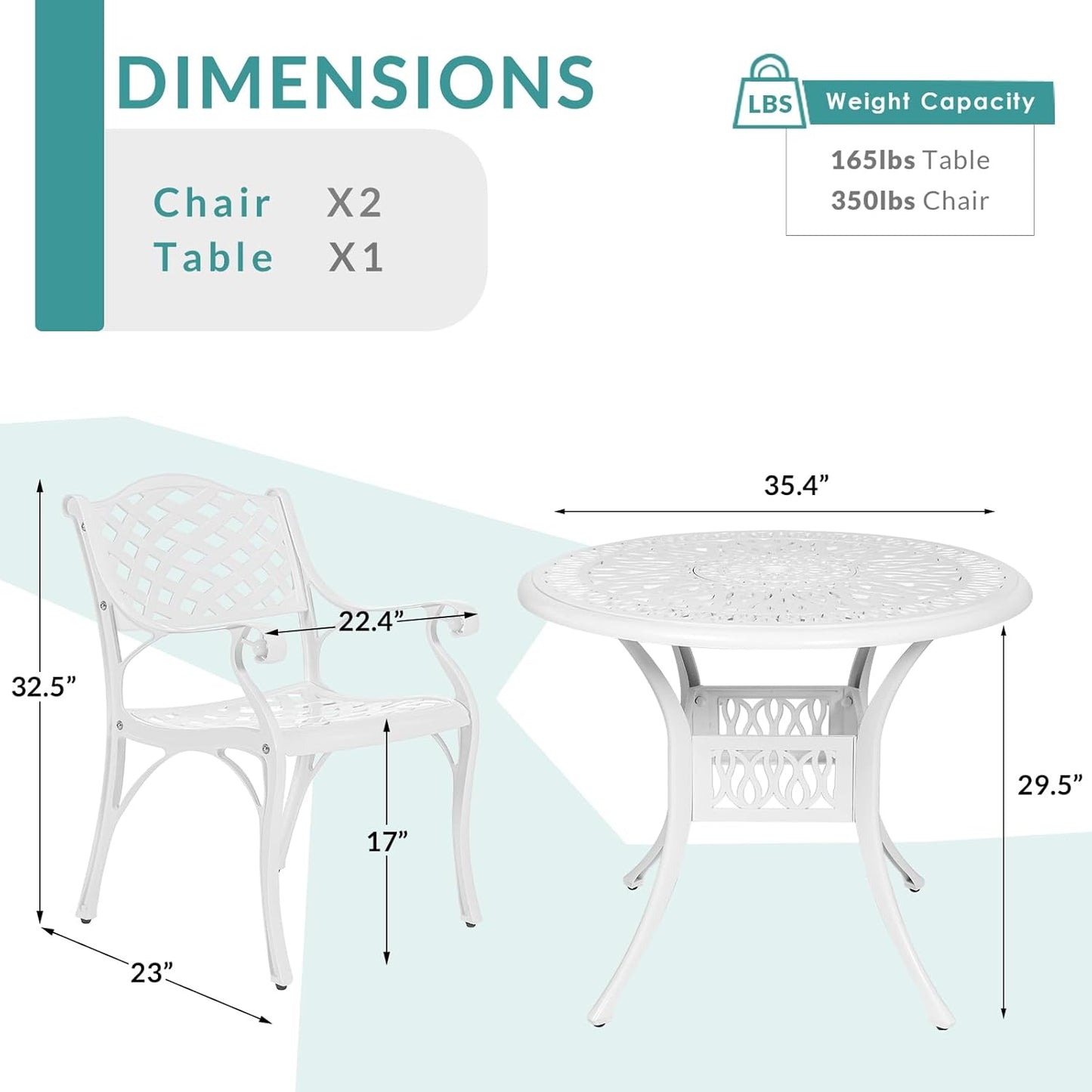 MEETWARM 3 Piece Patio Bistro Set, Outdoor All-Weather Cast Aluminum Dining Furniture Set Includes 2 Chairs and a 35.4” Round Table with Umbrella Hole for Garden Deck, White