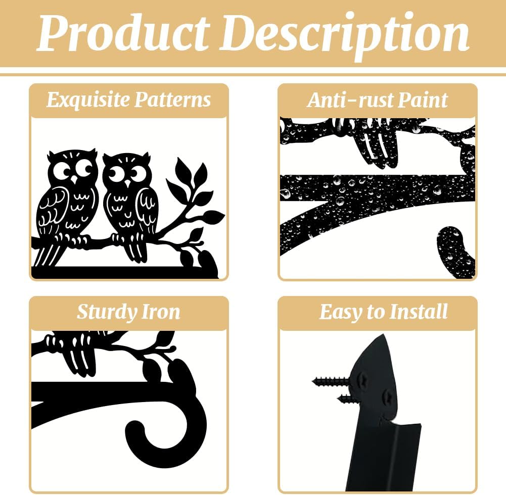 peacoblue Iron Plant Hangers Hooks for Outdoor Indoor Hanging Plants Flower Fern Pots Lantern Bird Feeder Wind Chimes, 12"x14" Owl Weather Resistant Metal Wall Holder for Porch Garden Farmhouse(Owl)