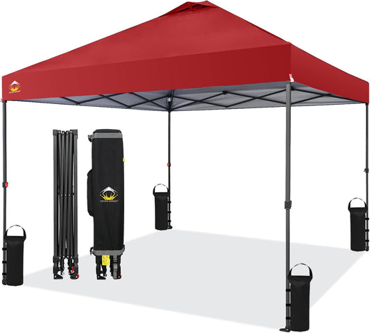 CROWN SHADES 10x10 Pop Up Canopy Tent - Patented Center Lock One Push Instant Outdoor Canopy Beach Tent with STO-N-Go Bag 8 Stakes & 4 Sand Bags，Red