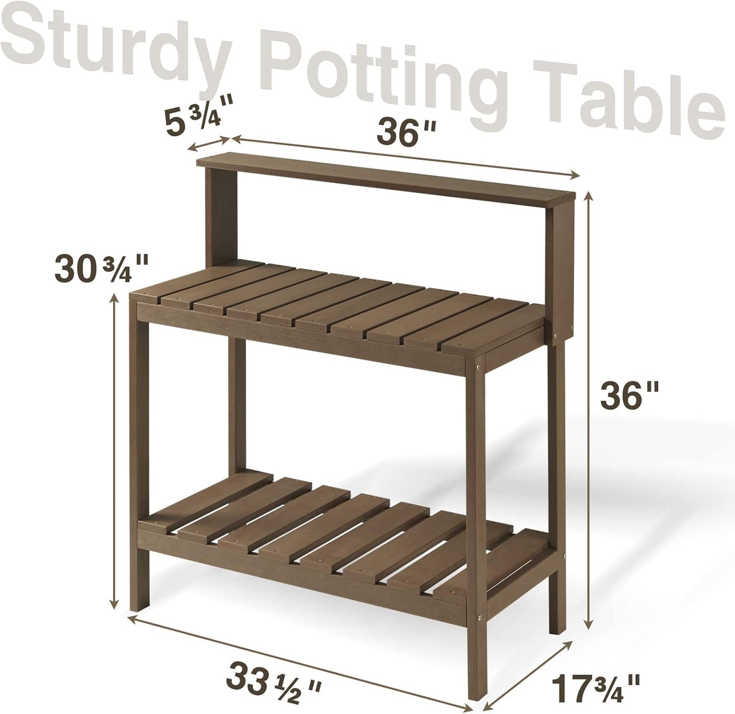 Psilvam Outdoor Poly Lumber Potting Bench, Polystyrene Garden Table with Storage Shelves, All-Weather Patio Work Station for Gardening(Brown)