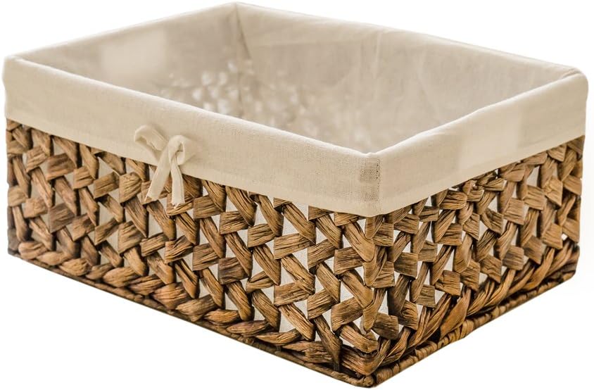 Rectangular Woven Seagrass Storage Bins with Handle,Kingwillow. (water hyacinth, Set of 3)
