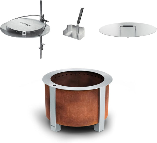 Breeo Smokeless Fire Pit Warmth Bundle (X Series 24 Corten Steel, Heat Deflector, Ash Shovel, & Lid) | 27.5 inch Smokeless Firepit for Outside | Ideal for Families