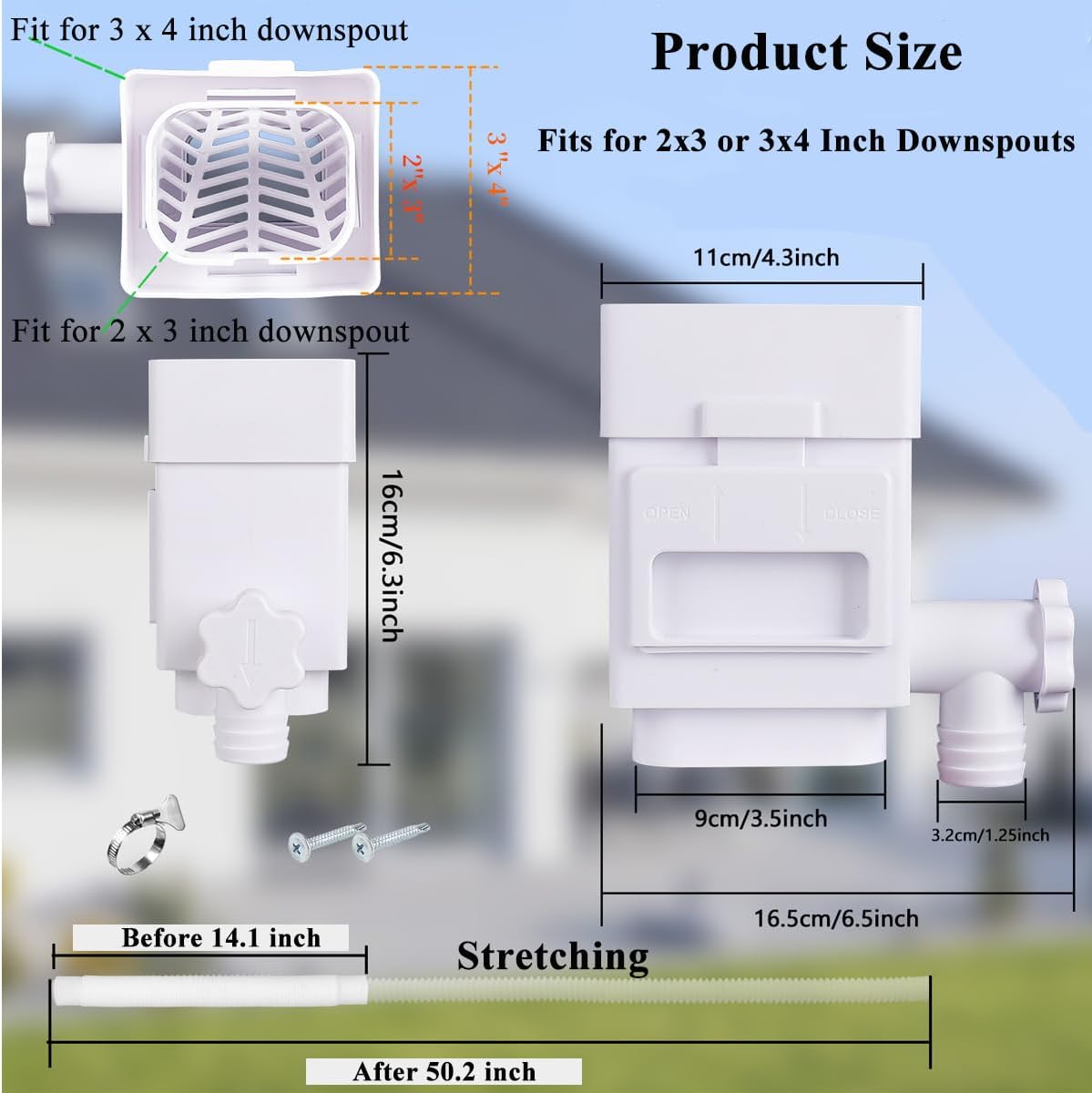 Rain Barrel Diverter Kit, Downspout Diverter Fits for 2x3 or 3x4 Inch Gutter Downspouts, Rainwater Collection System with Adjustable Valve and Filter - White