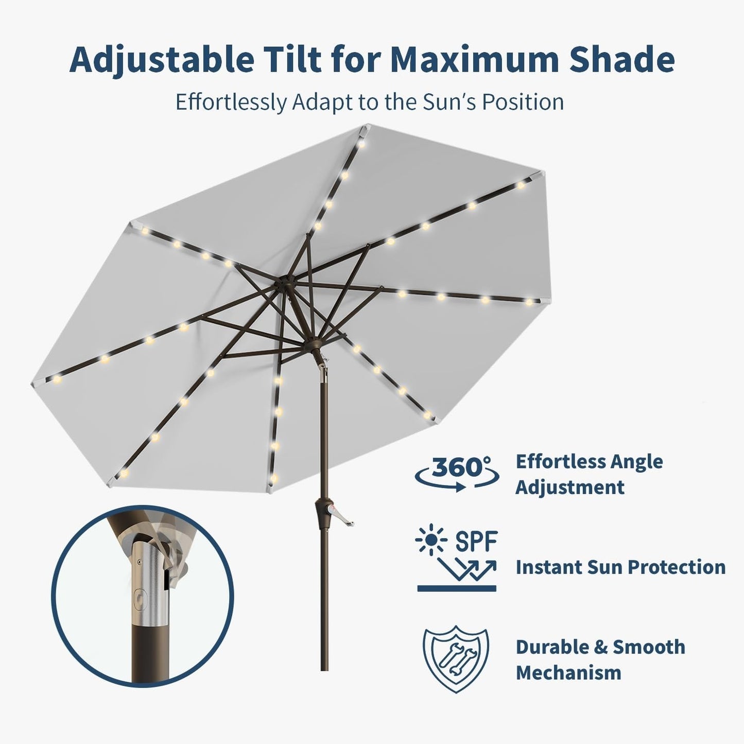 9FT Solar Umbrella 32 LED Lighted Patio Umbrella Table Market Umbrella w/Tilt and Crank, UV-Resistant Outdoor Umbrella for Pool, Garden, Deck, Light Gray