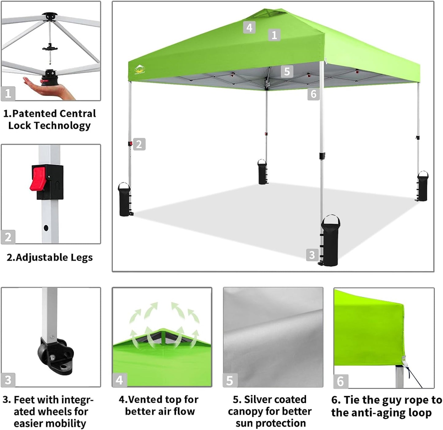 CROWN SHADES 10x10 Pop Up Canopy - Beach Tent with One Push Setup - Easy Outdoor Sun Shade for Events, Parties, Camping - Gazebo with STO-N-Go Cover Bag, Silver Coated Top, Green