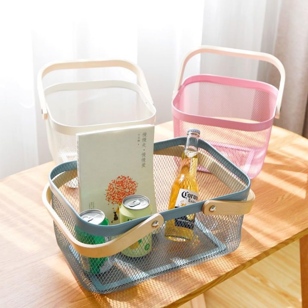 Portable Mesh Harvest Basket - Natural Bamboo Handle Foldable Organizer for Kitchen, Garden & Picnic | Ventilated Storage Bin with Rust-Proof Wire, Space-Saving Farmhouse Decor (Nebula Green)