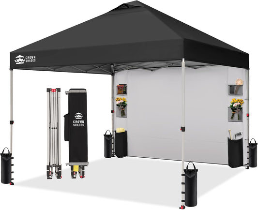 CROWN SHADES Canopy Tent, 10 x 10 Foot Portable Pop Up Outdoor Shelter with Pocket Sidewall, Push Center Lock, UV Protection, and Carry Bag, Black