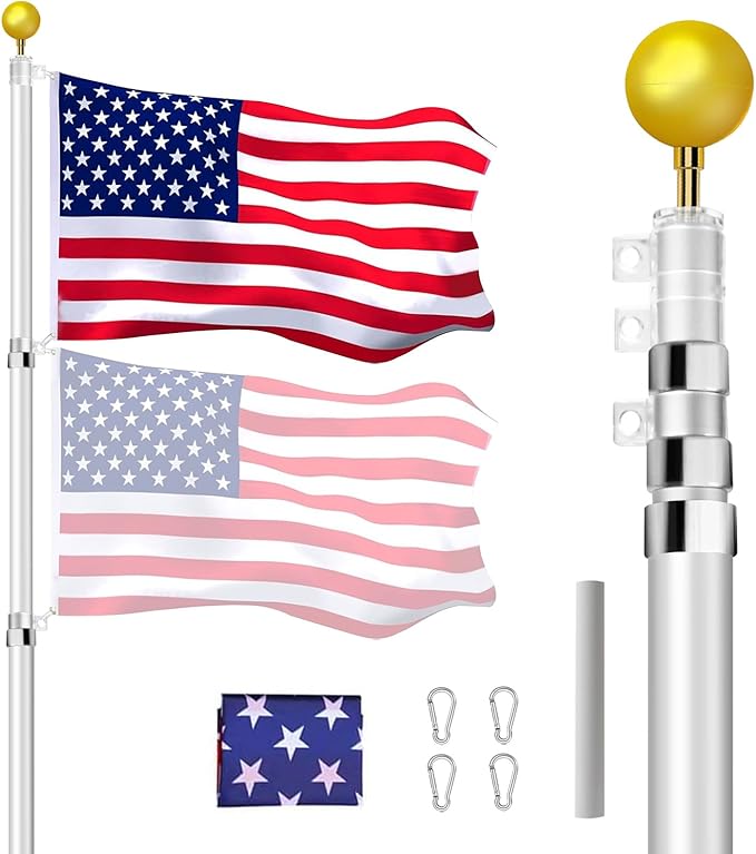30FT Telescoping Flag Pole Kit, Heavy Duty 16 Gauge Aluminum Outdoor In Ground Flag Poles with Embroidered 3x5 USA Flag, for Residential or Commercial,Garden,Yard Flag Poles