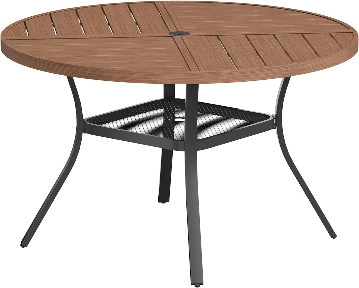 VICLLAX Round Patio Table with Adjustable Umbrella Hole for 6, All Weather Metal Outdoor Dining Table for Lawn Garden, 47.2" Outdoor Coffee Table, Walnut Wood-Like Tabletop
