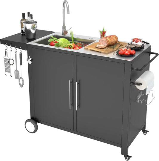 Outdoor Kitchen Sink with Hose Hook up, Stainless Steel Worktable Kitchen Cabinet Island, Grill Prep Table Work Station, Grill Cart for Garden, Backyard and Lawn