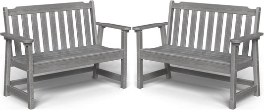 Outdoor Bench, 2-Person HDPE Garden Bench, All Weather Poly Patio Bench for Outdoors, Garden, Backyard, Porch and Park, 660 lbs Weight Capacity, Grey, 2 Pack