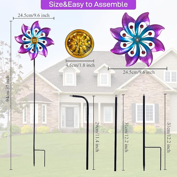 VEWOGARDEN Garden Metal Flower Wind Spinners Outdoor, Kinetic Wind Sculptures & Spinners for Yard Lawn Patio Decorations, Blue-Purple