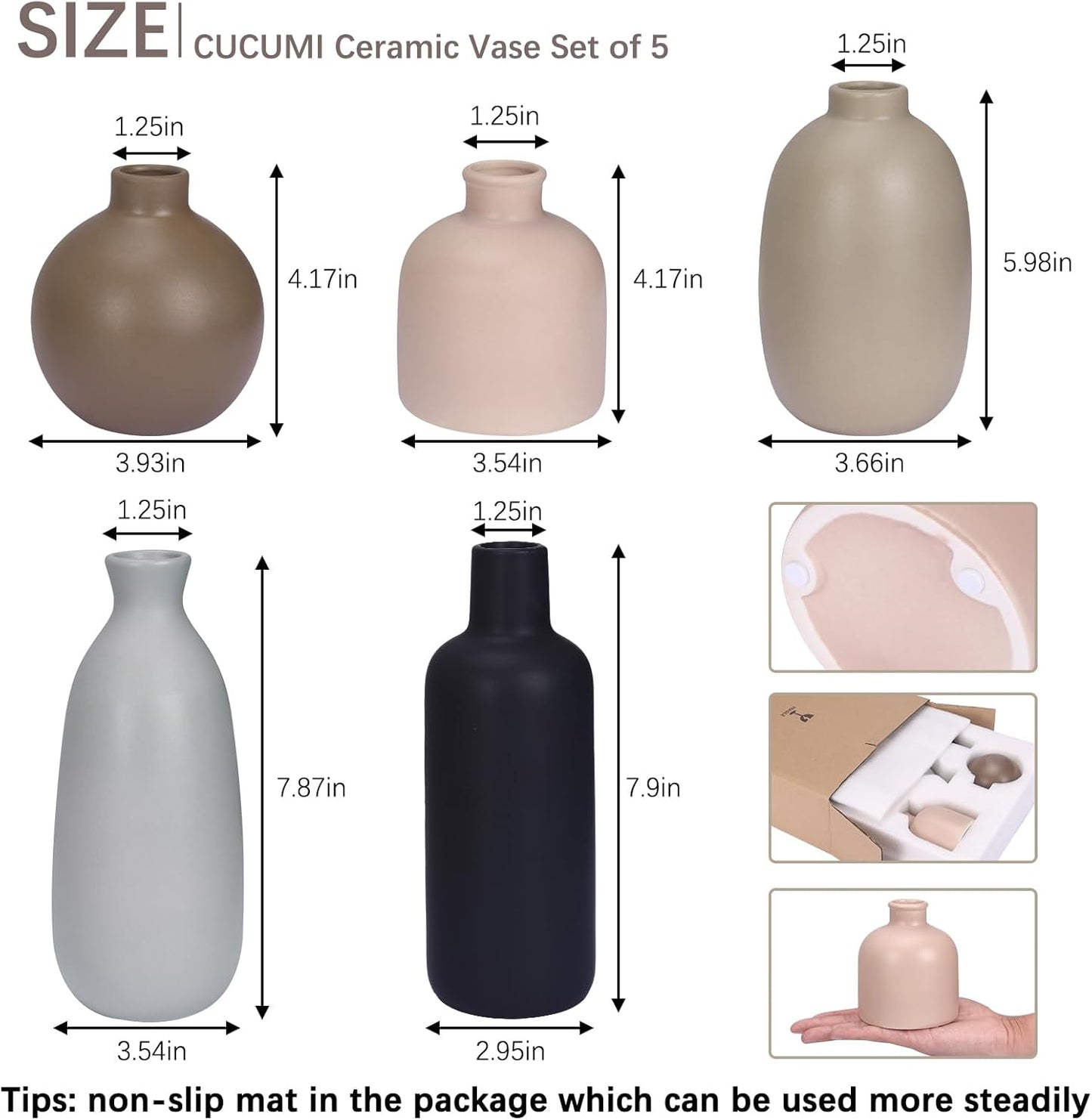 CUCUMI Ceramic Vase Set of 5, Home Decor Farmhouse Décor Handmade Pottery Vases for Pampas Grass, Dried Fresh Flowers, Table, Living Room, Kitchen, Shelf, Entryway Mantel Neutral Tones