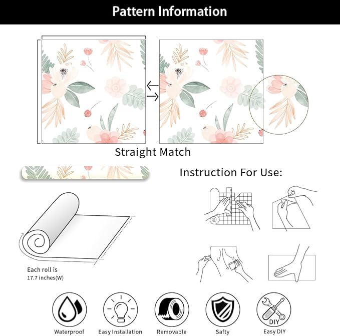 Neutral Green Leaves Pink Poppy Floral Peel and Stick Wallpaper Self Adhesive Removable Easy Peel Off Stick on Wall Paper for Bedroom Cabinet Renter