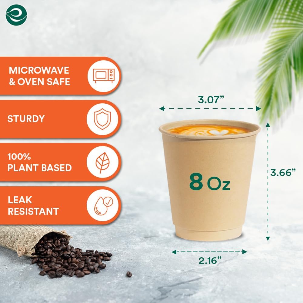 ECO SOUL 100% Compostable Plant-Based Hot Cups | 16oz, 12oz, 8oz | Disposable Bagasse Paper Cups | Eco-friendly Cups | Sturdy, Microwave & Oven Safe (200, 8oz)