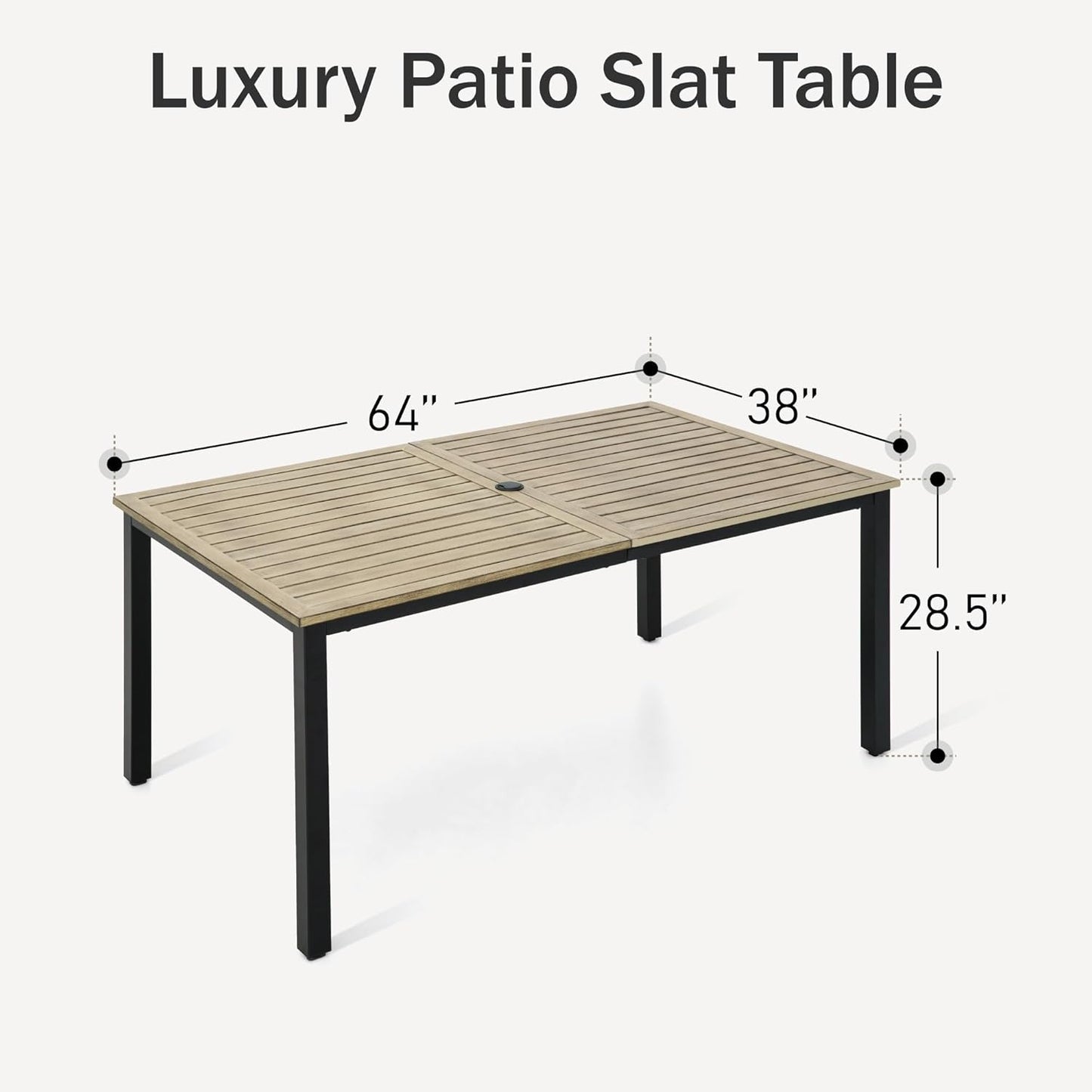 PHI VILLA 64" Rectangle Outdoor Dining Table, Patio Furniture Wood-Like Tabletop with Umbrella Hole for Patio Lawn Backyard Garden, Brown