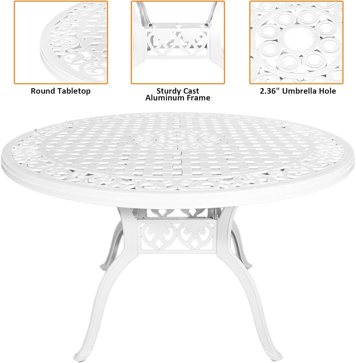 48 Inch Outdoor Dining Table Round Patio Bistro Table Powder-Coated Cast Aluminum Frame Patio Dining Table Garden Table with Umbrella Hole (White)