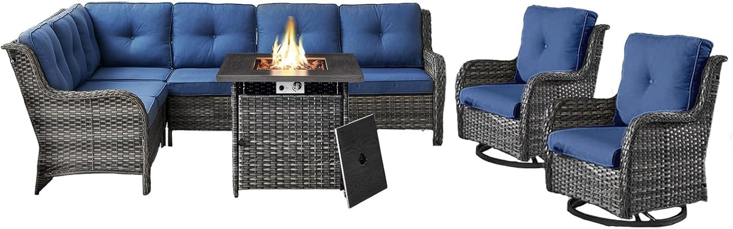 Outdoor Sectional Sofa Furniture Set with 50000BTU Propane Fire Pit Table, Wicker Patio Conversation Set with 2 Swivel Glider Rocker Chairs Blue Cushion Perfect for Backyard Casual Gathering