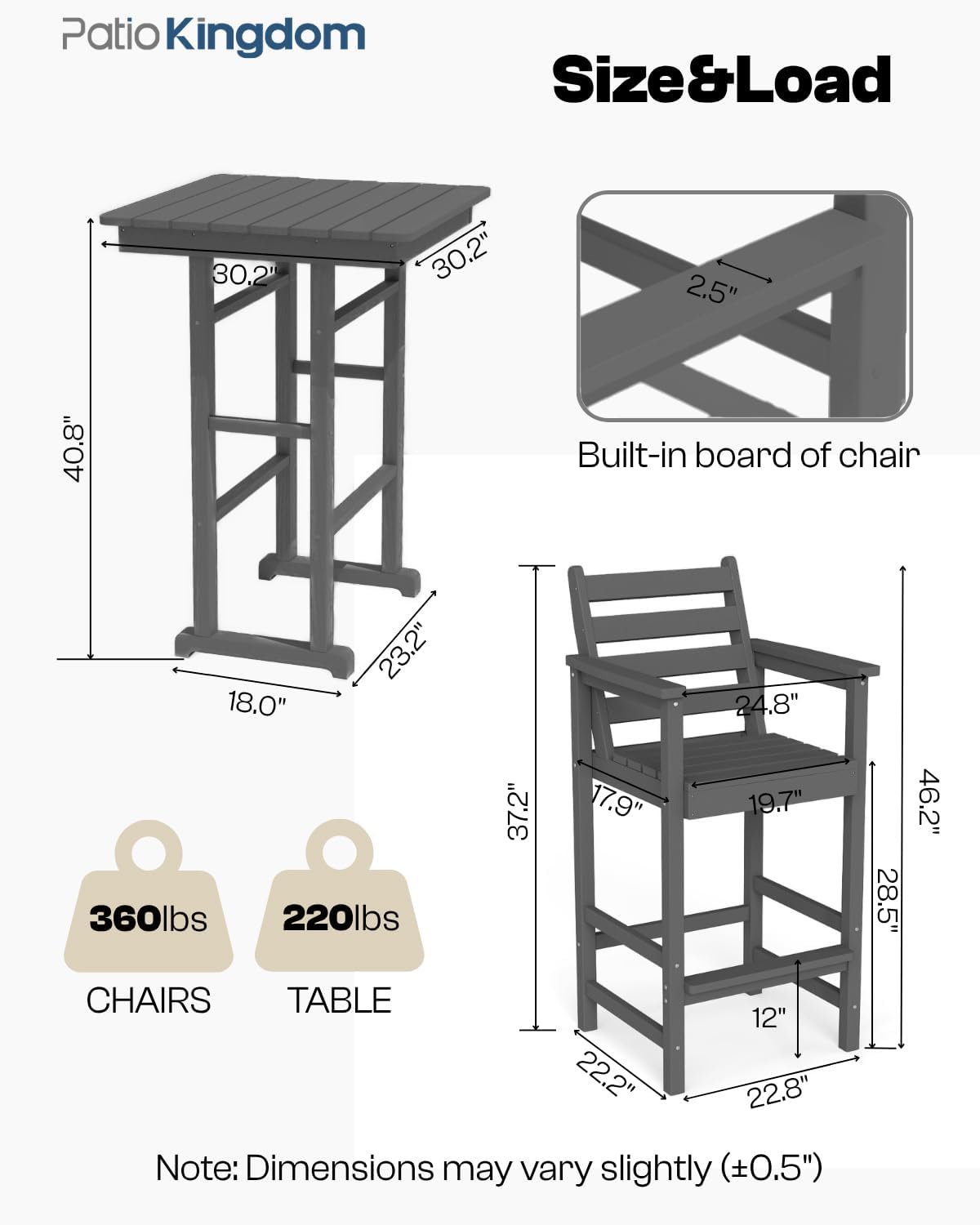 Outdoor Bar Set, 3-Piece HDPE Balcony Set with 2 Tall Adirondack Chairs and Bar Table, All-Weather Bar Height Stools for Patio, Backyard, Poolside (Grey)