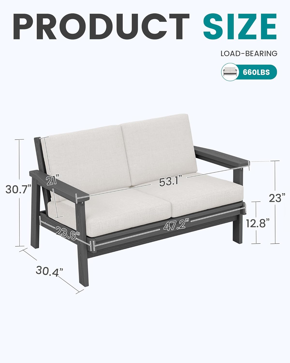 SERWALL HDPE Outdoor Patio Loveseat, Grey Frame and Khaki Cushion