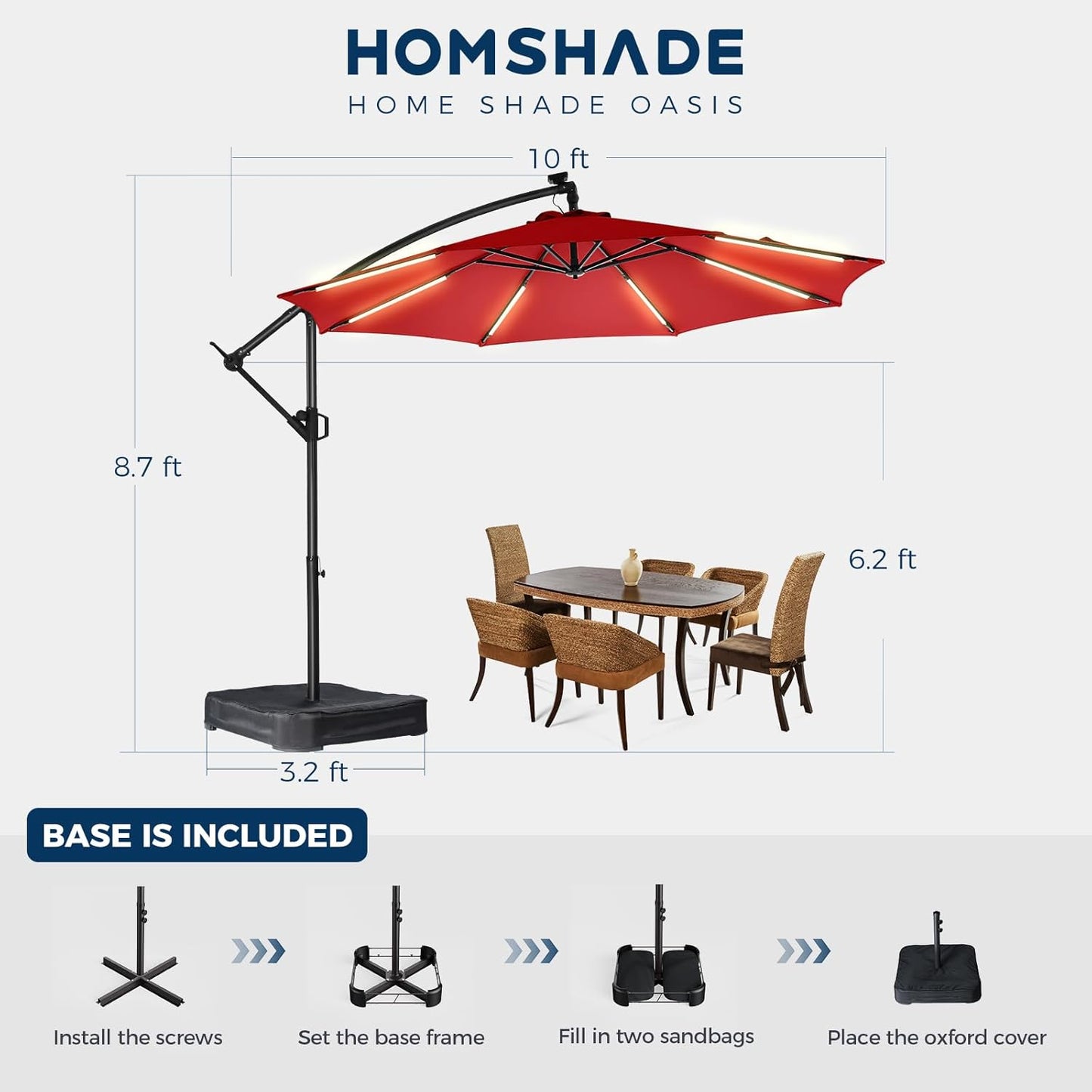 HOMSHADE 10ft Solar Lights Offset Cantilever Patio Umbrella with Light and Base, LED Lighted Offset Hanging Patio Outdoor Market Umbrella UPF50+ UV Protection with Easy Tilt and Crank, Red