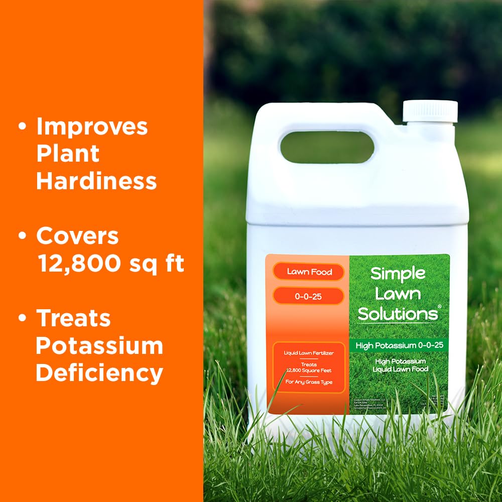 Simple Lawn Solutions - High Potassium Lawn Food Liquid Fertilizer 0-0-25 - Concentrated Spray - Turf Grass Vigor and Plant Hardiness - Summer and Fall - Any Grass Type (1 Gallon)