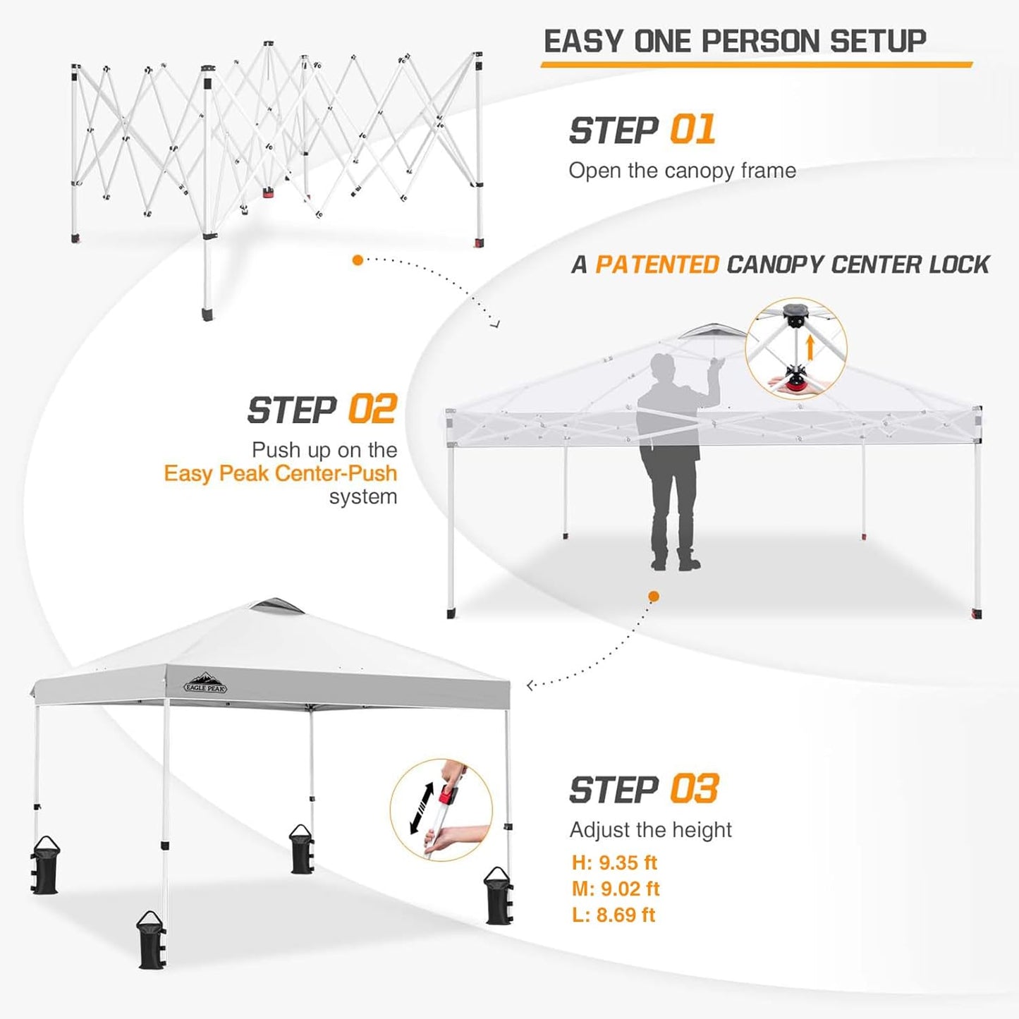 EAGLE PEAK Pop Up Canopy Tent with Wheeled Carry Bag, 8 Stakes, 4 Ropes, 4 Weight Bags, Easy Set Up Tent Canopy, 10x10 ft, 100sqft of Shade, White