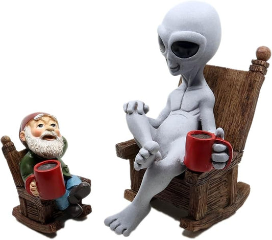 Andre' & Fritz | Celebrating Friendship with a Morning Cup of Coffee | Whimsical Extraterrestrial Outdoor Decor | Garden Statue 2pc Resin Set 6.25”/ 3.50” Tall (Coffee with Friends)