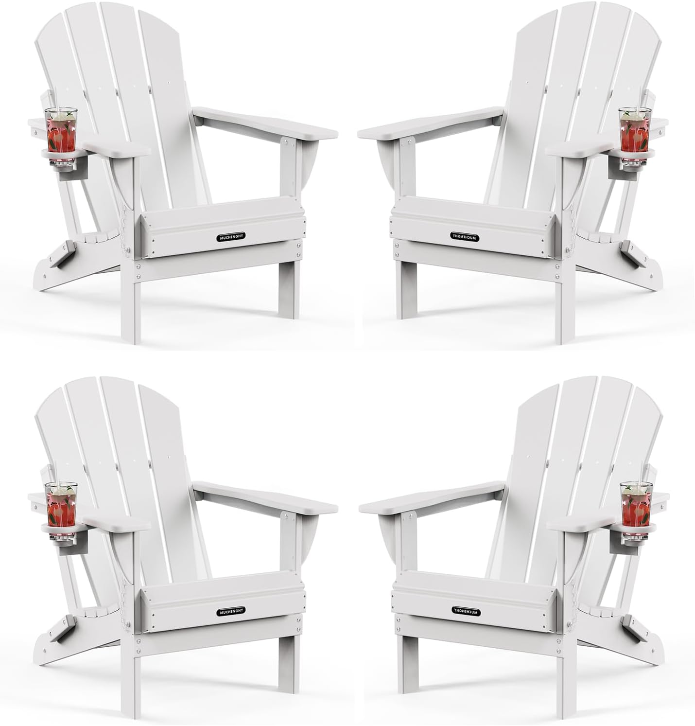 MUCHENGHY Folding Adirondack Chairs 4 Pack, Patio Chairs, Lawn Chairs, Outdoor Chairs, Adirondack Chair Plastic, Fire Pit Chairs, Weather Resistant with Cup Holder for Deck, Backyard, Garden(White)