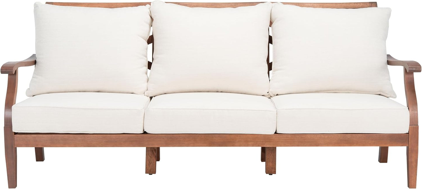 SAFAVIEH Couture Home Collection Payden Natural Wood/Beige Cushion 3-Seat Outdoor Patio Sunroom Porch Backyard Veranda Sofa
