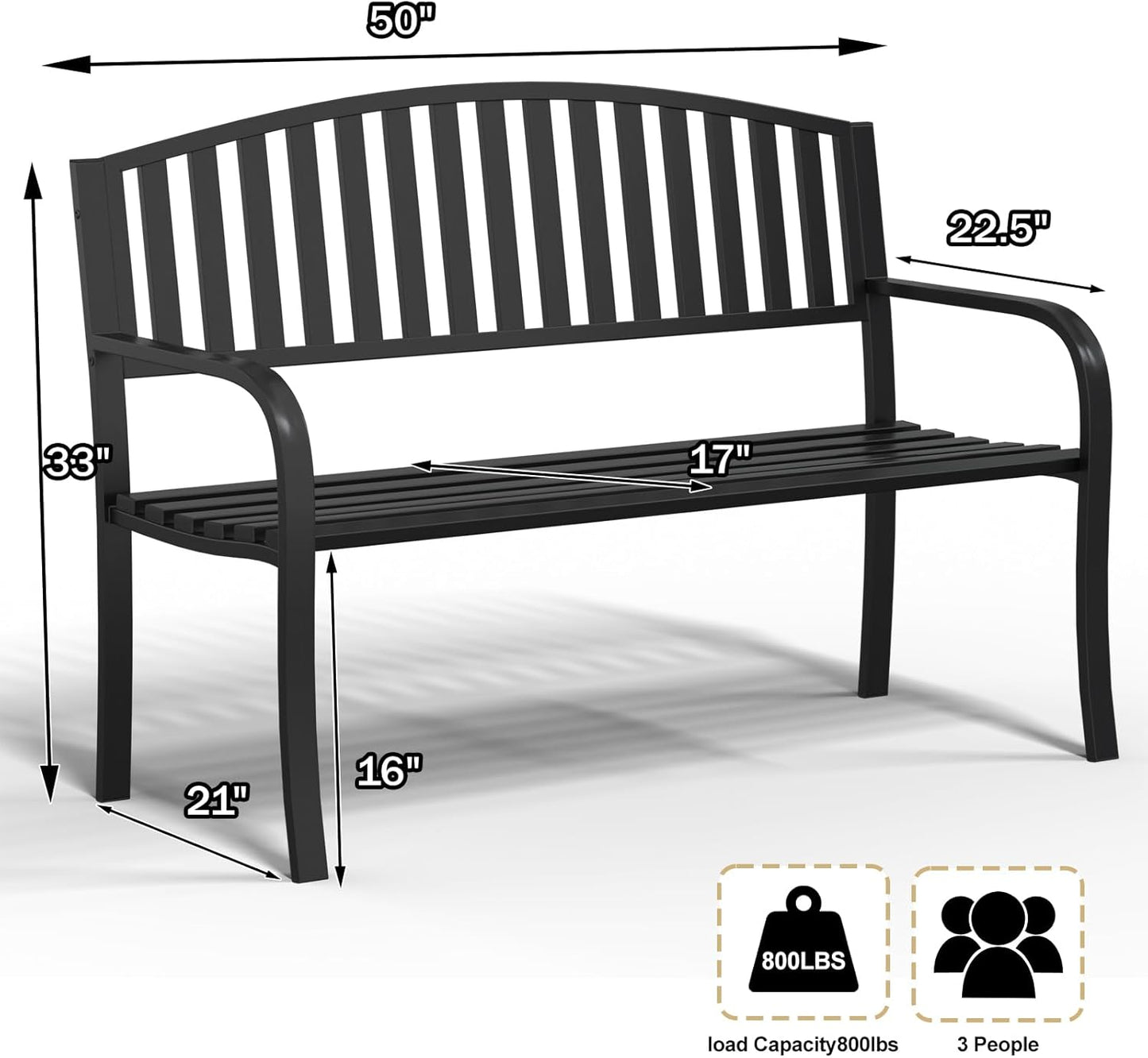 50" Heavy Duty Outdoor Bench, Wrought Iron Weatherproof Garden Bench Black Metal Patio Bench for Park Proch Yard 880lbs