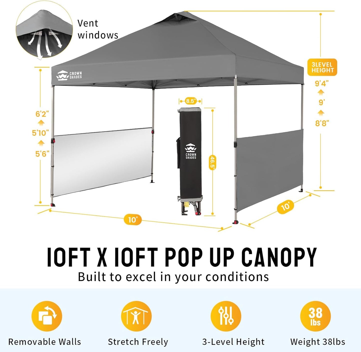 CROWN SHADES 10x10 Pop up Canopy Tent Instant Canopy with 150D Silver Coated Fabric Including 2 Half Sidewalls, 4 Ropes, 8 Stakes, 4 Weight Bags, STO 'N Go Bag, Grid Grey