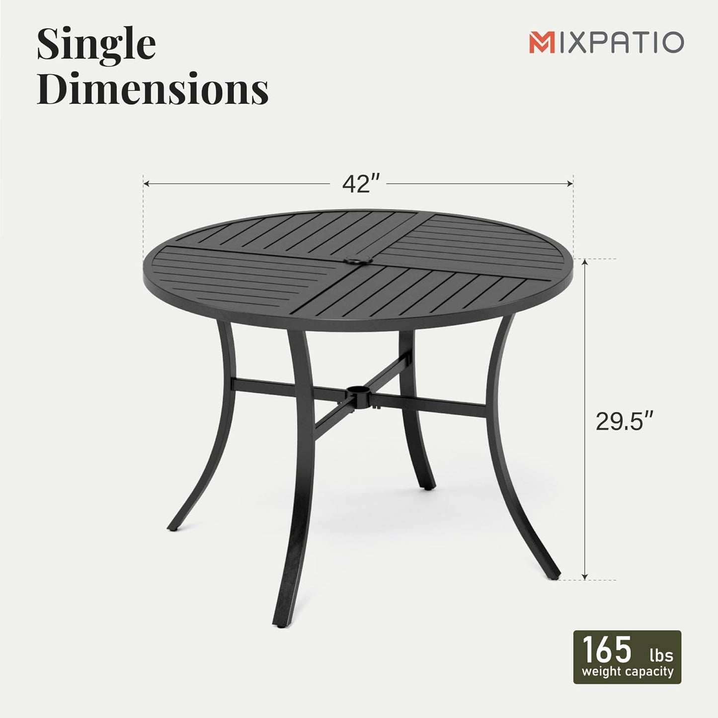 Outdoor Patio Round Dining Table, 42"x 42" Metal Slatted Round Tabletop with Adjustable Umbrella Hole for Deck Lawn Garden Backyard, Black