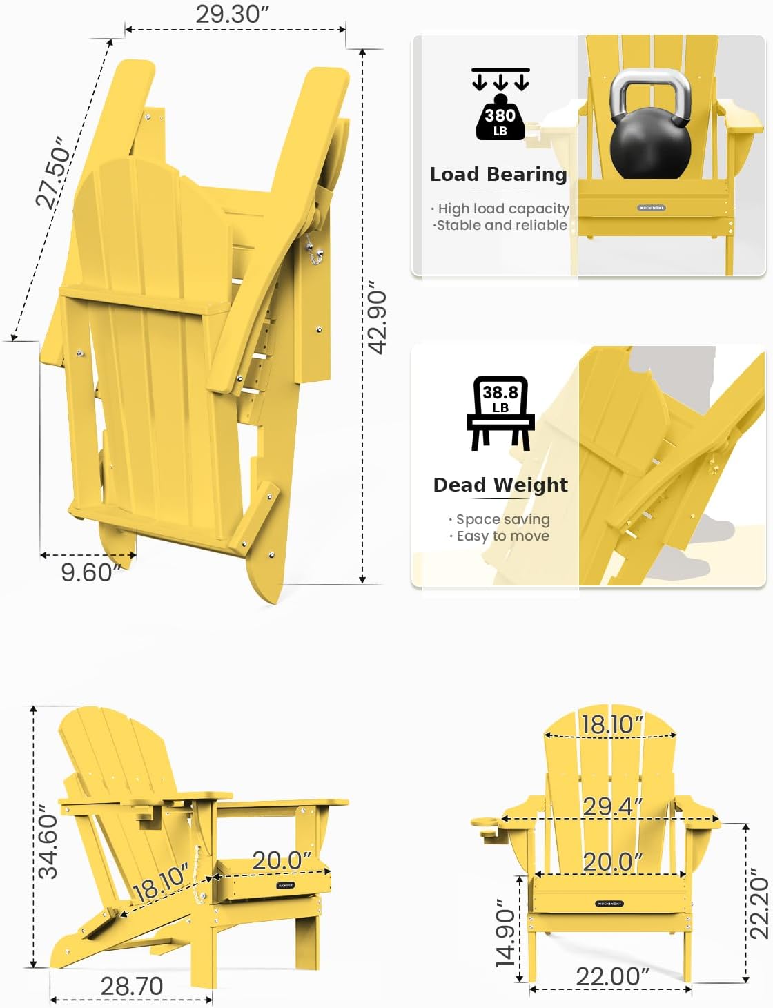 MUCHENGHY Folding Adirondack Chairs, Patio Chairs, Lawn Chairs, Outdoor Chair, Adirondack Chair Plastic, Fire Pit, Weather Resistant with Cup Holder for Deck, Backyard, Garden(Olive Yellow)