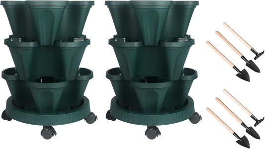 Vertical Planter 3 Tier Stackable Planters Garden Planters Strawberry Herb Flower and Vegetable Planter Indoor Outdoor Gardening Pots with Removable Wheels and Tools 2-Pack