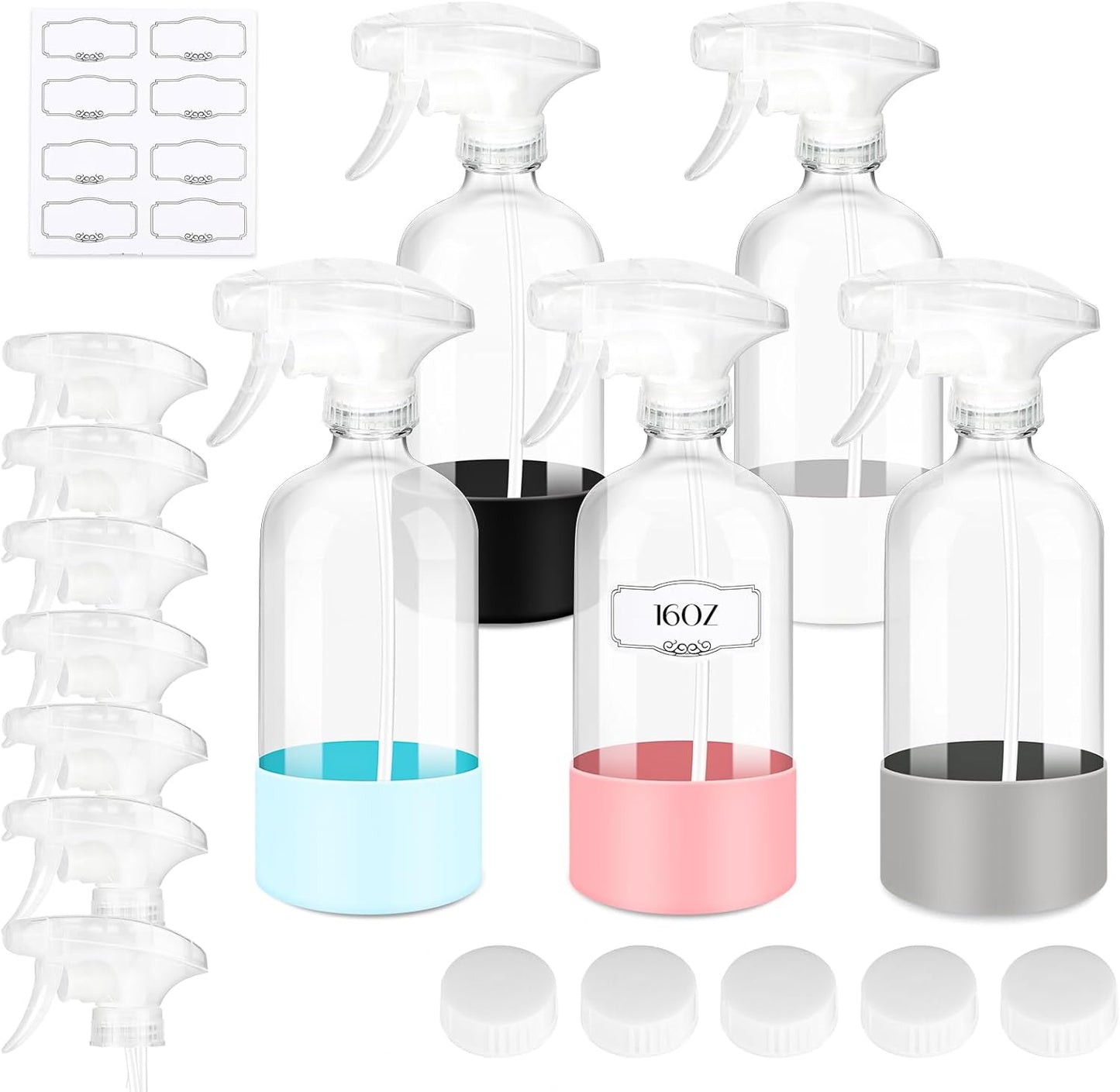 5 PACK/16 OZ Glass Spray Bottles with Upgraded Adjustable Spray Nozzle, Refillable Containers with Silicone Sleeve, Spray Bottle for Hair&Cleaning Solutions&Essential Oils-Pink Blue Gray Black White