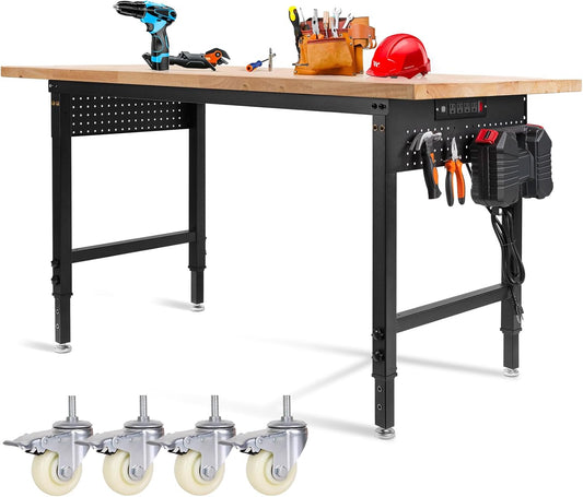 Height Adjustable Workbench with Wheels 60”×22” Heavy Duty Work Table 2000 LBS Capacity Rolling Work Table Rubber Wood Work Station with Power Outlet & Pegboard for Garage, Office, Workshop