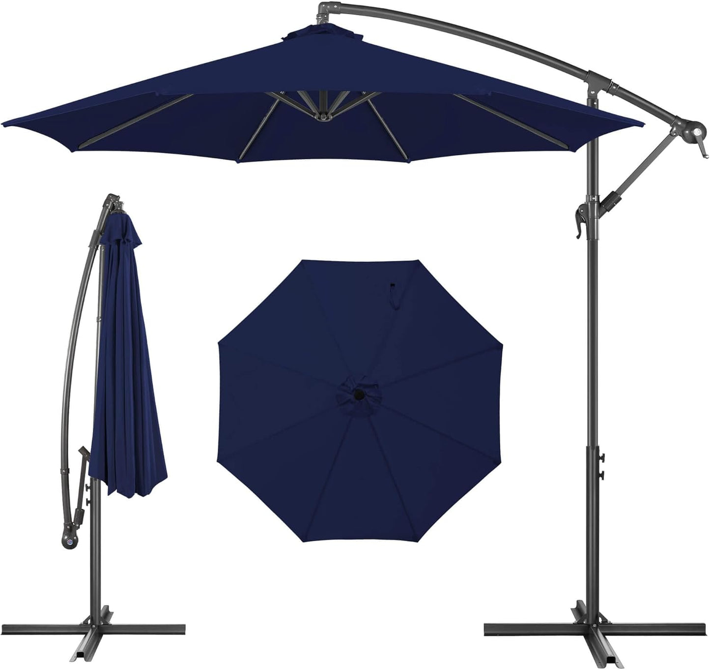 FLAME&SHADE 10ft Cantilever Patio Umbrella Outdoor, Large Offset Umbrella with Crank and Cross Base, UPF 50+ UV Protection Hanging Umbrella for Pool Deck Garden, Navy Blue